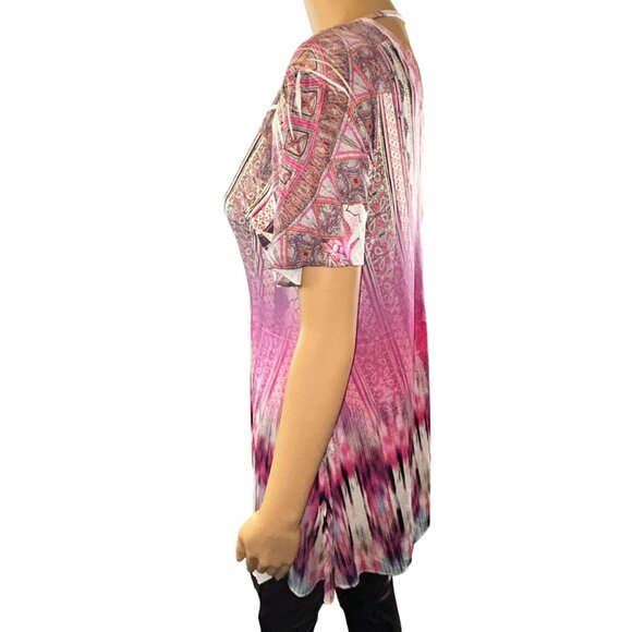 One World Womens Micro Jersey Printed Flutter Sleeve Embellished Keyhole Top - Picture 2 of 12